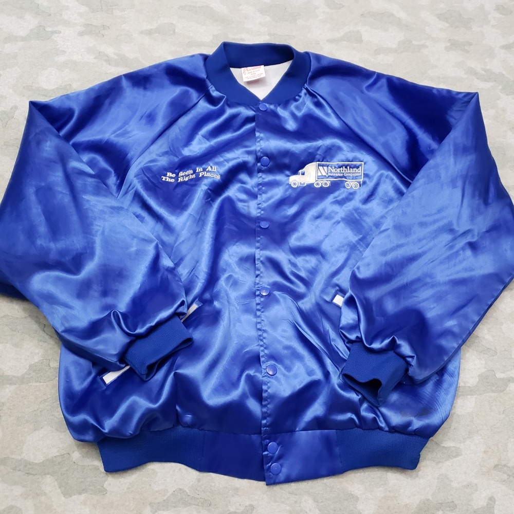 Vintage Cardinal Satin Jacket Mens 2XL Blue Bomber Snap Trucker Long Sleeve